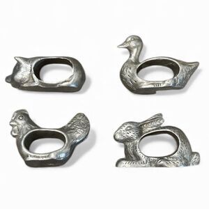 Vintage Metal Animal Napkin Rings - Chicken, Rabbit, Pig, Duck Set Of 4 Cottage
